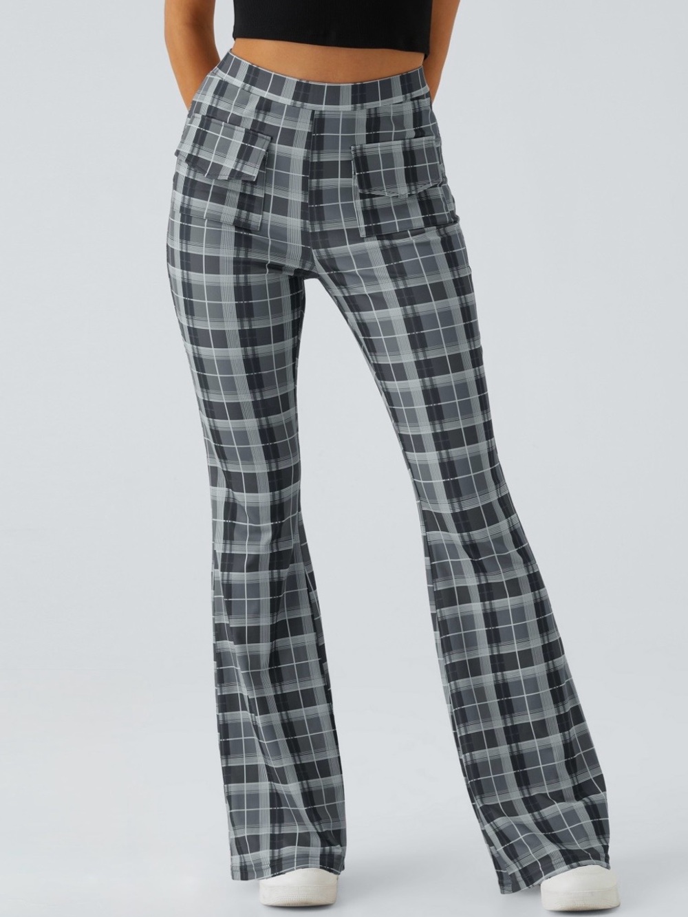 Halara High Waisted Patch Pocket Plaid Flare Stretch Pants NWT Sz XL